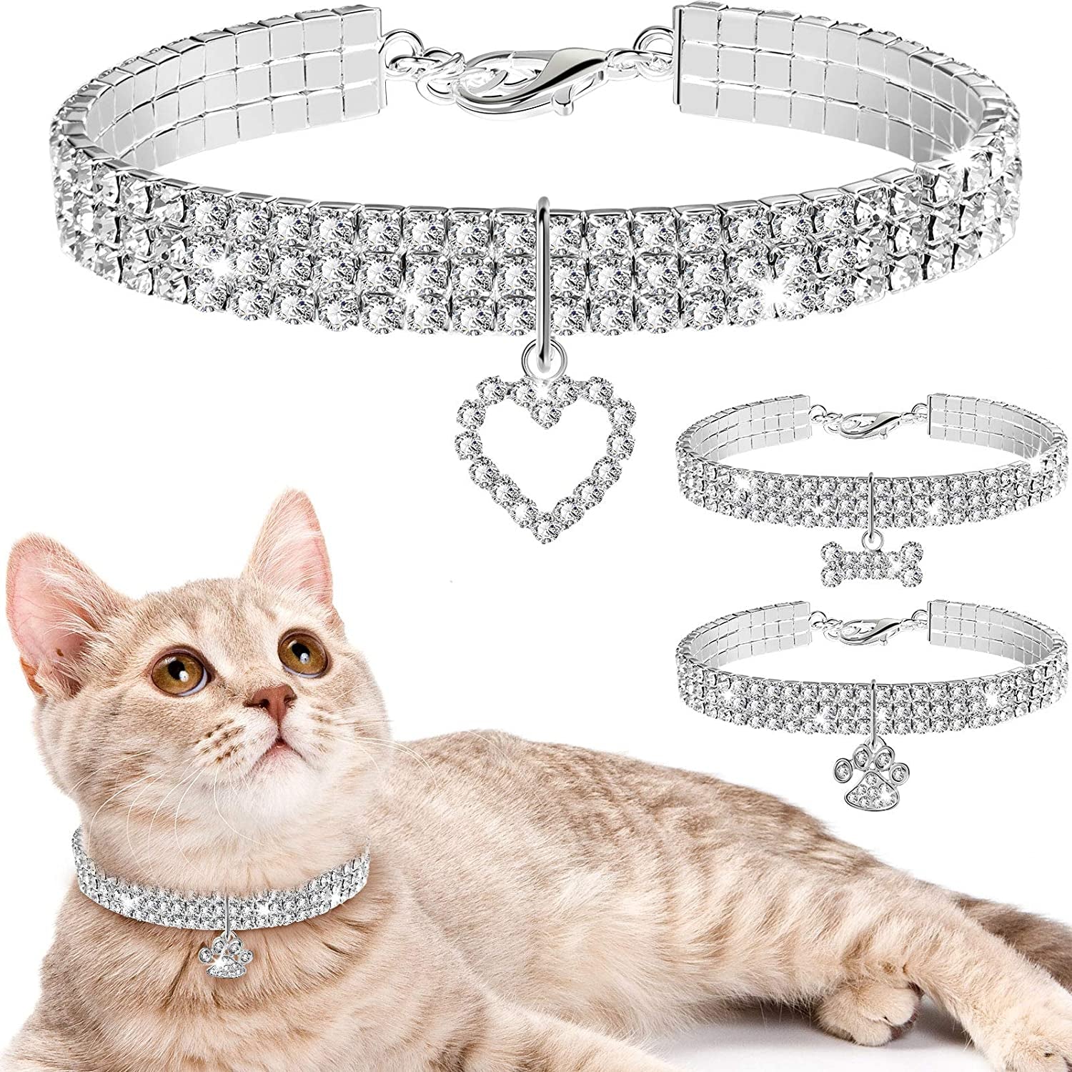 3 Pieces  Rhinestone Cat Collars 