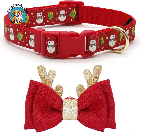 Christmas Dog Collar Adjustable Xmas Dog Collar with Christmas Antler Bow 